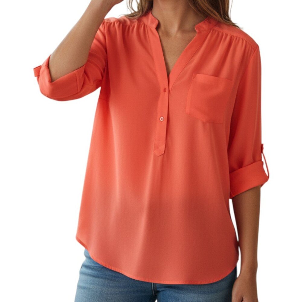 Coral Sheer 3/4 Sleeves Pullover V Neck Blouse - Size Medium